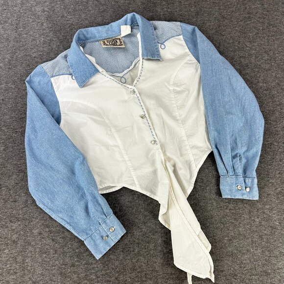 Wrangler Tops - Vtg Wrangler Silver Lake Tie Front Shirt Womens Large White Pearl Button Rodeo